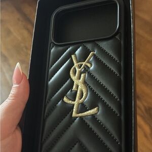 Saint Laurent Quilted Black Leather iPhone 17 pro max Case with Gold YSL Logo